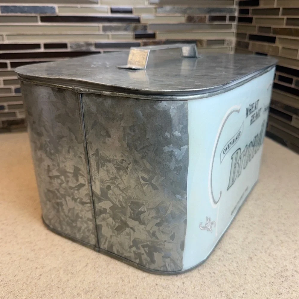 Vintage Galvanized Metal Bread Box Wheat Heart Bread Farmhouse Rustic Decor